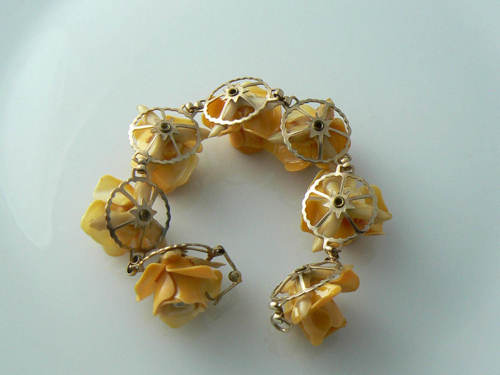 Vintage Celluloid Jewelry Flower Bracelet Rhinestones - Vintage Lane Jewelry
