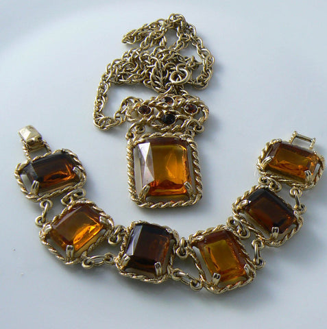 Sarah Coventry Amber Jewelry Set, Bracelet, Adjustable Ring, Necklace deals & Earrings