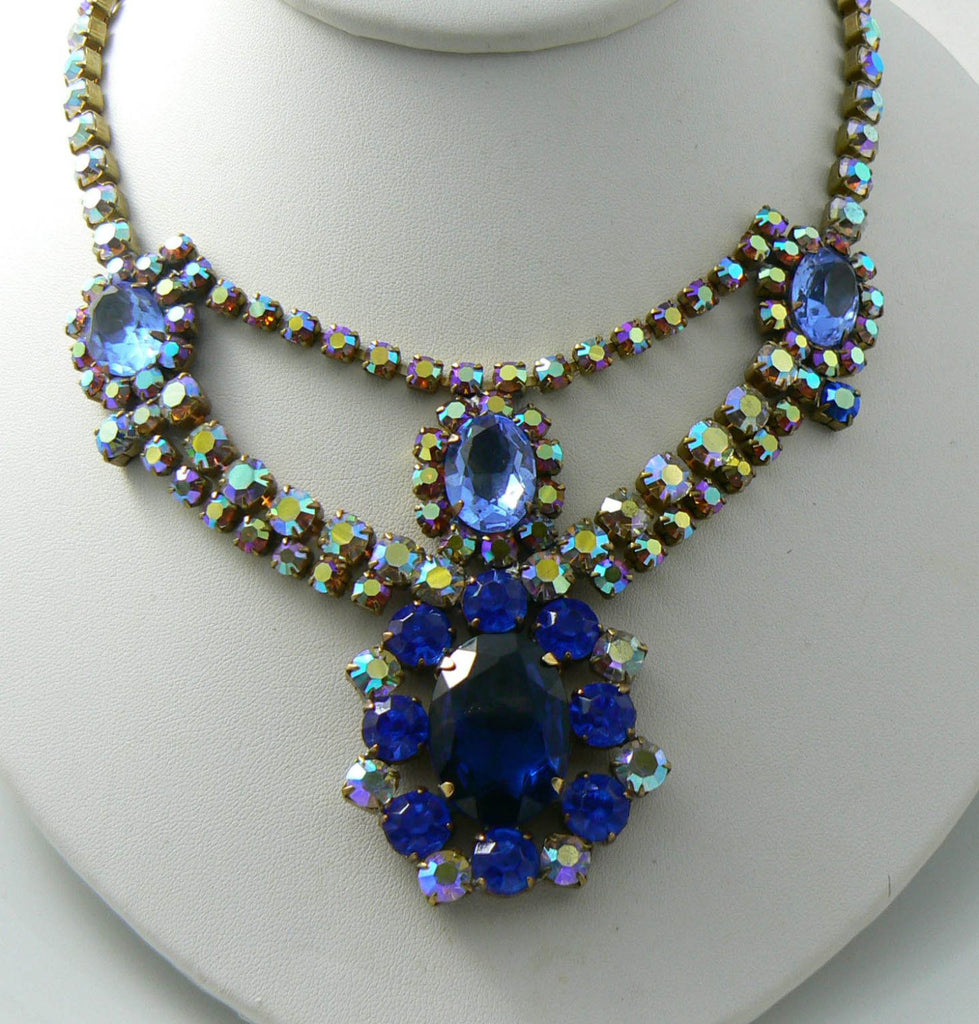 Czech Sapphire Blue Glass Necklace And Earrings Set - Vintage Lane Jewelry