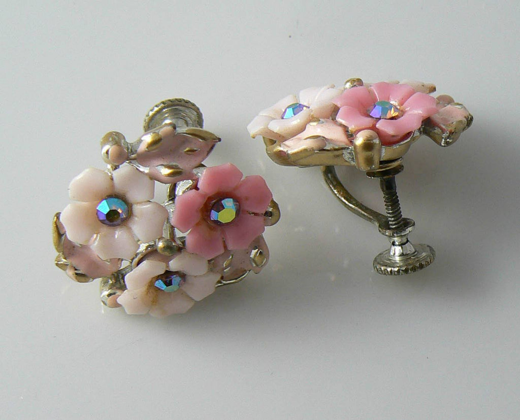 Coro Pink Plastic Flowers With Ab Rhinestones & Enamel Leaves Earrings - Vintage Lane Jewelry