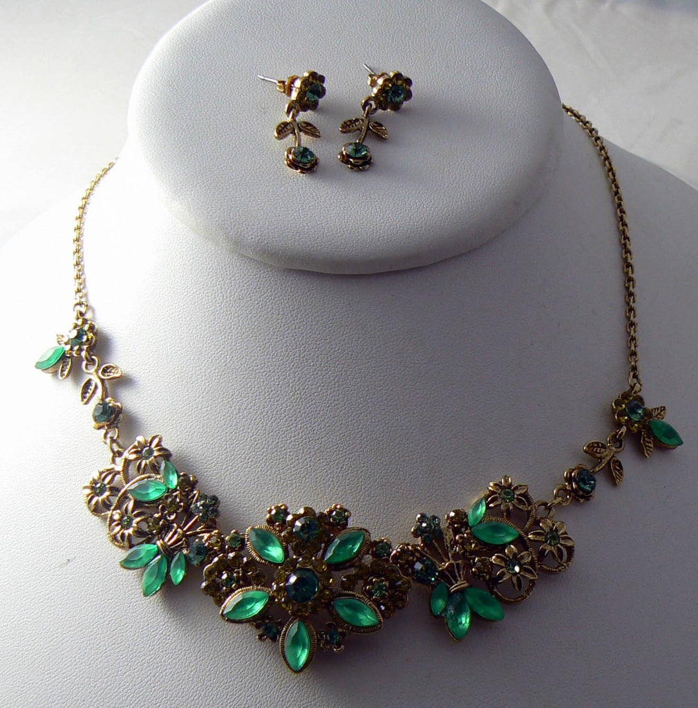 Lime Green And Emerald Green Floral Necklace And Earrings - Vintage Lane Jewelry