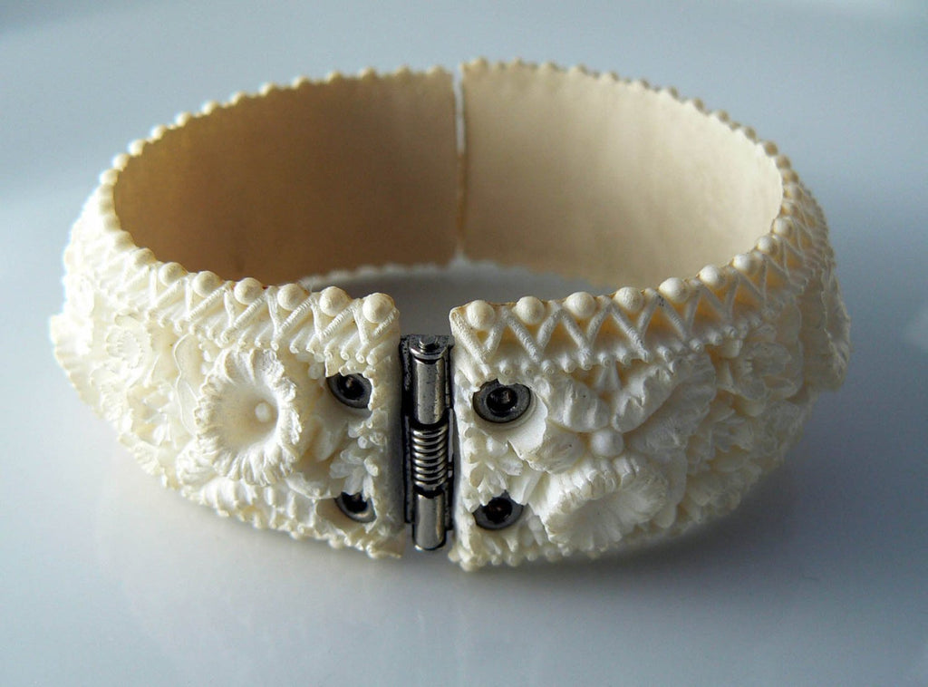 Carved Celluloid Hinged Bracelet - Vintage Lane Jewelry