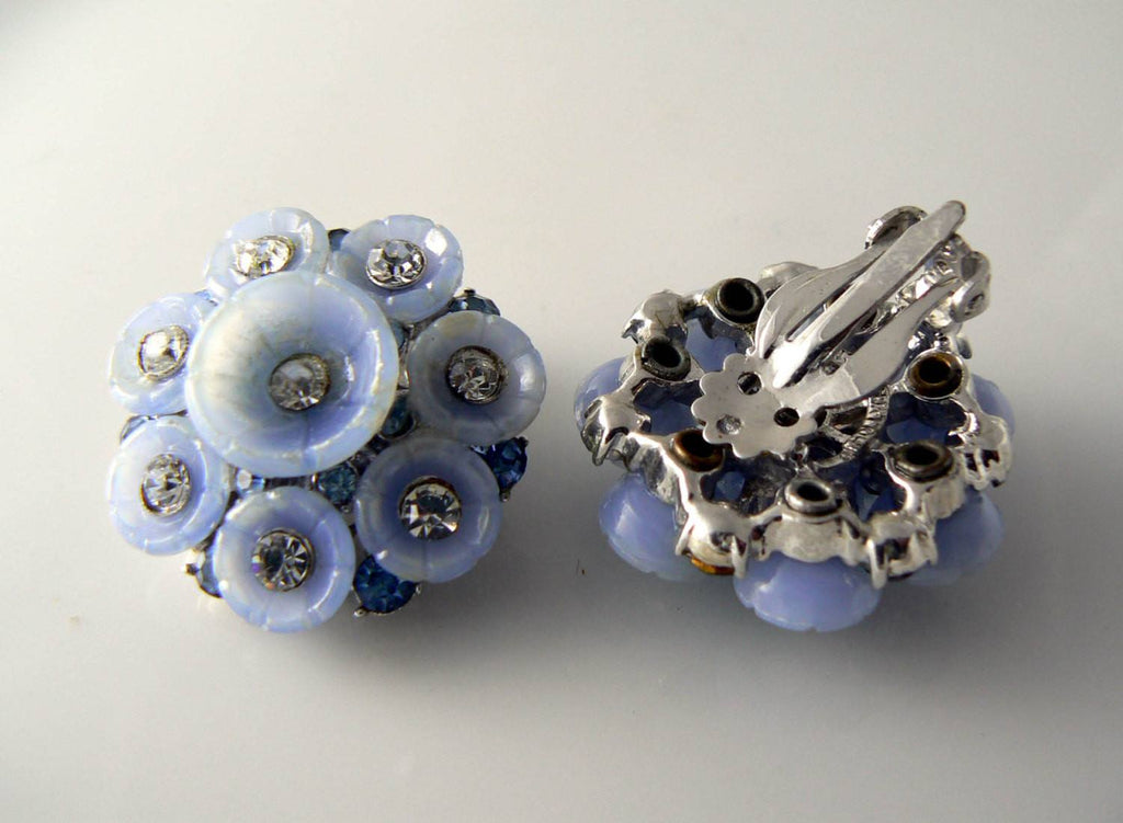 Vintage Hollycraft Blue Lucite Blue Clear Crystal Clip Earrings - Vintage Lane Jewelry