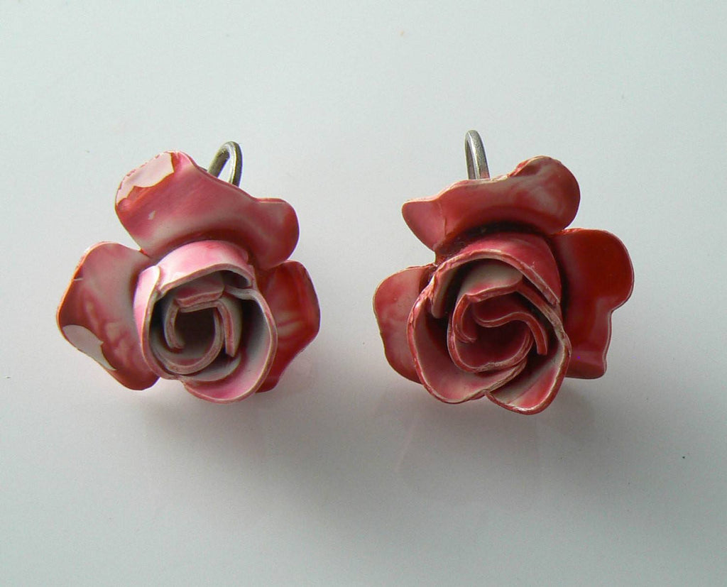 Pretty Pink And White Enamel Rose Earrings - Vintage Lane Jewelry