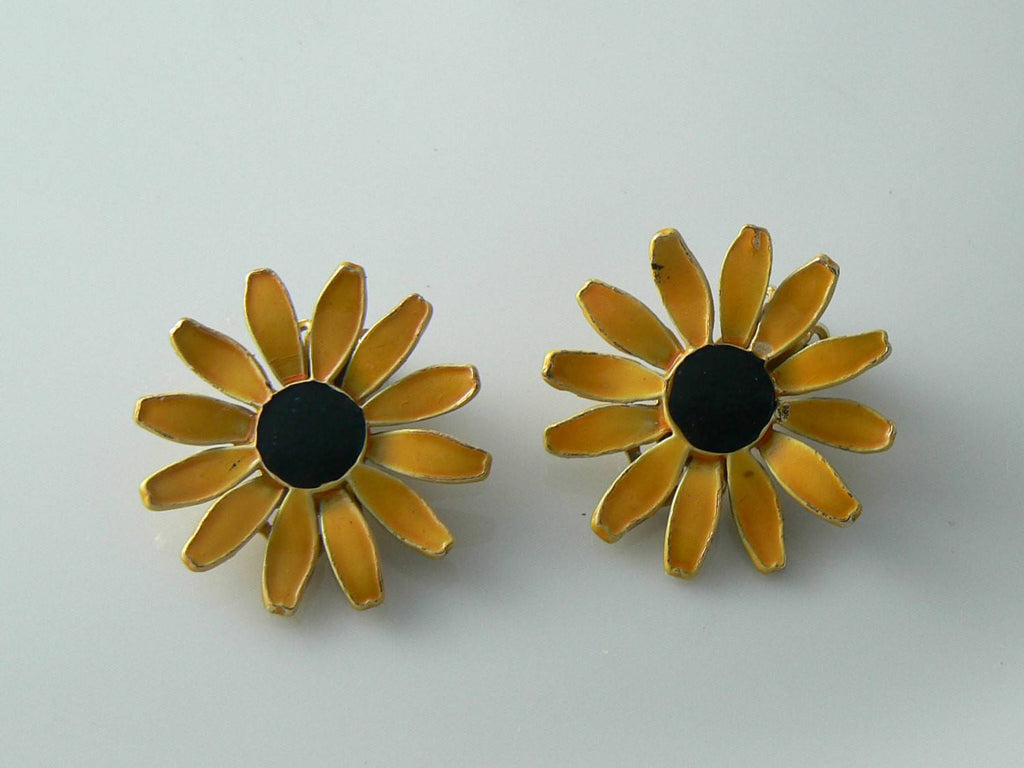 Enamel Sunflower Clip On Earrings Signed Art - Vintage Lane Jewelry