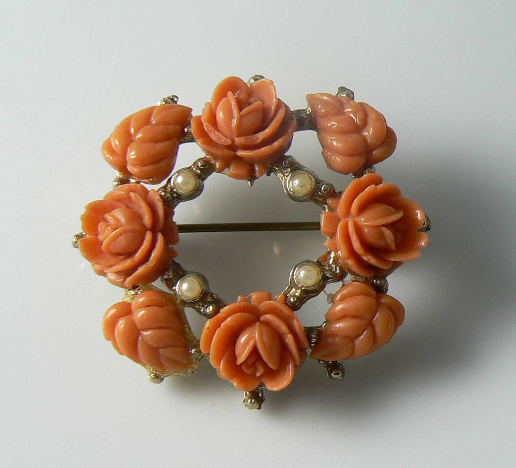 Vintage Orange Faux Coral Celluloid Flower Brooch - Vintage Lane Jewelry