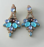 Fancy Czech Rhinestone Blue Clip On Earrings - Vintage Lane Jewelry