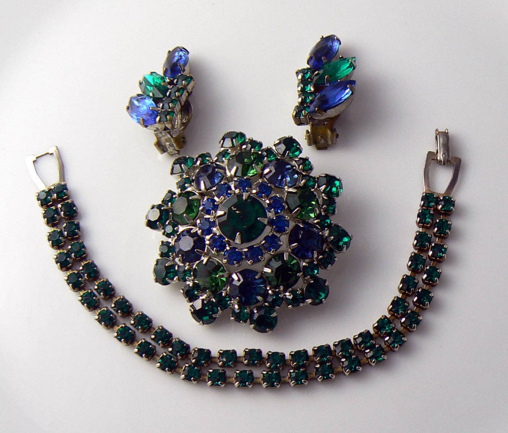 Vintage Emerald Green And Montana Blue Parure - Vintage Lane Jewelry