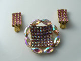 Pretty Vintage Married Pink Ab Brooch And Clip On Earrings - Vintage Lane Jewelry