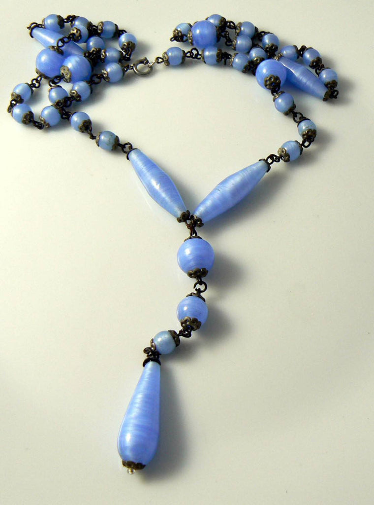 Antique Art Deco Periwinkle Blue Flapper Necklace - Vintage Lane Jewelry