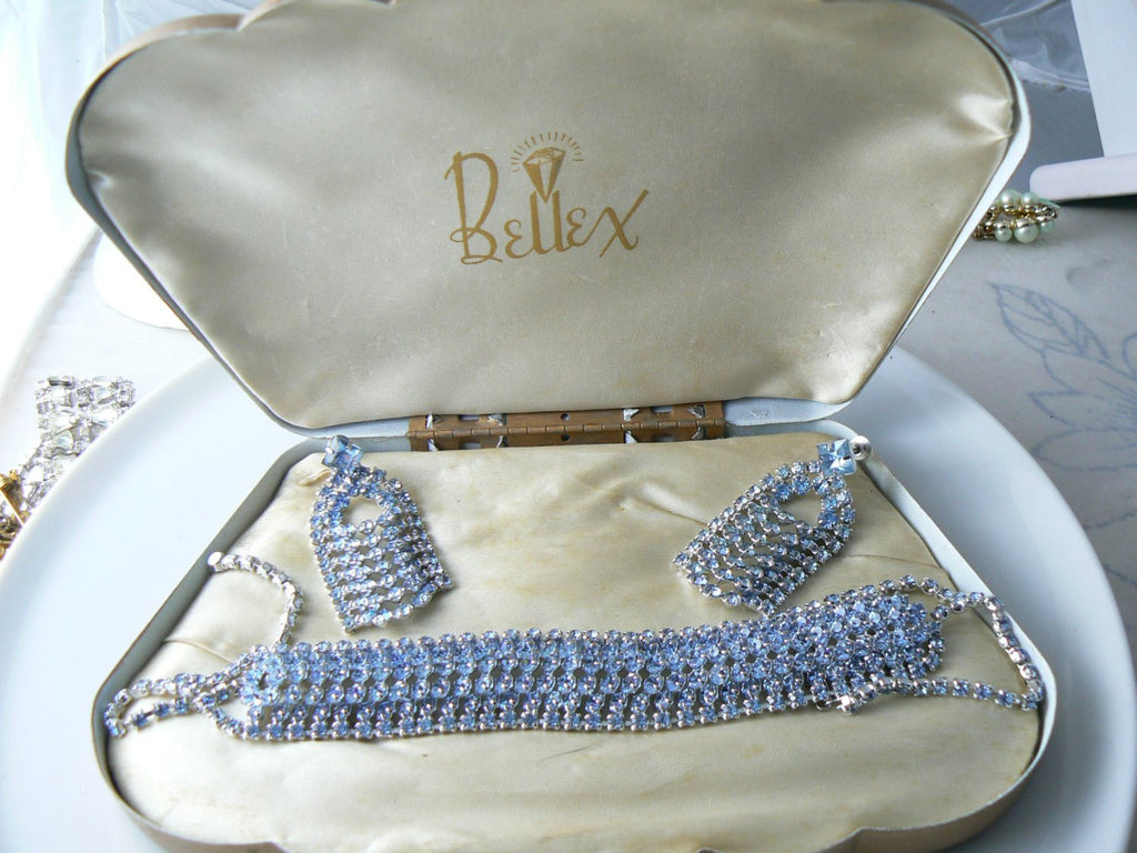 Vintage Bellex Blue Rhinestone Choker And Earrings Set In Original Box - Vintage Lane Jewelry
