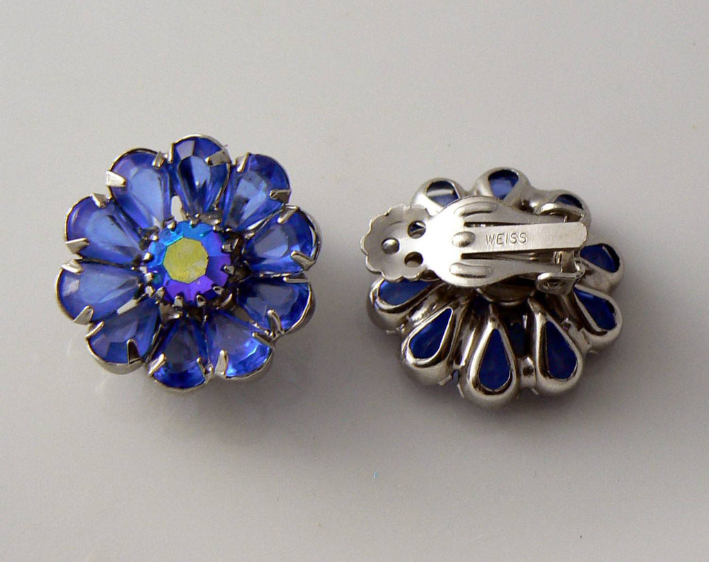 Signed Weiss Blue crystal flowers with AB blue rhinestone centers - Vintage Lane Jewelry