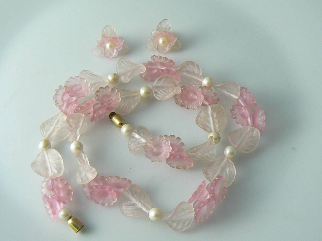 Pink White Frosted Satin Lucite And Faux Pearl Necklace Earrings Set - Vintage Lane Jewelry