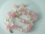 Pink White Frosted Satin Lucite And Faux Pearl Necklace Earrings Set - Vintage Lane Jewelry