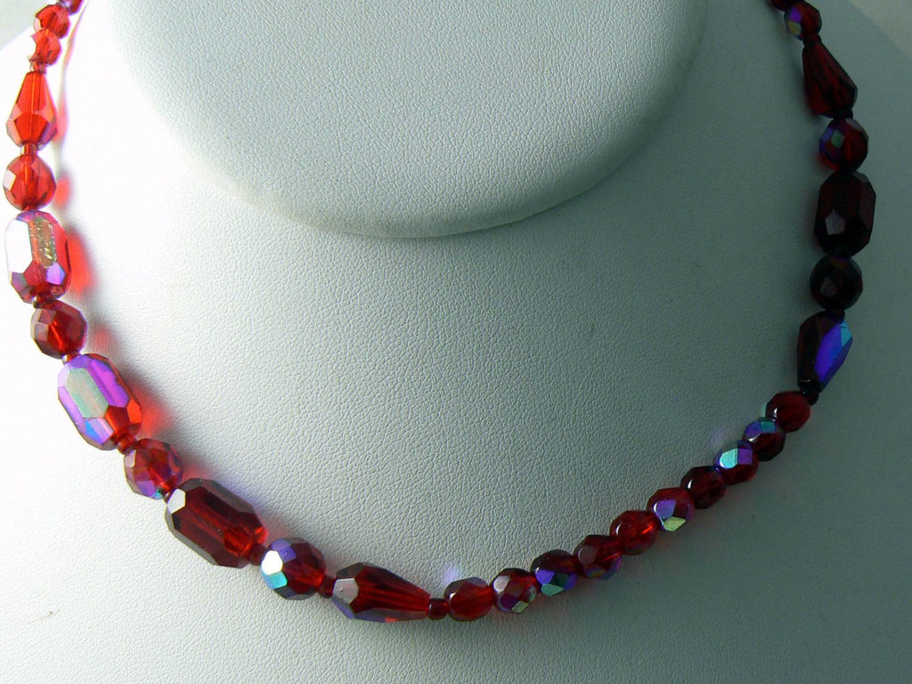 Vintage Carnival Glass Iridescent Red Glass Necklace - Vintage Lane Jewelry