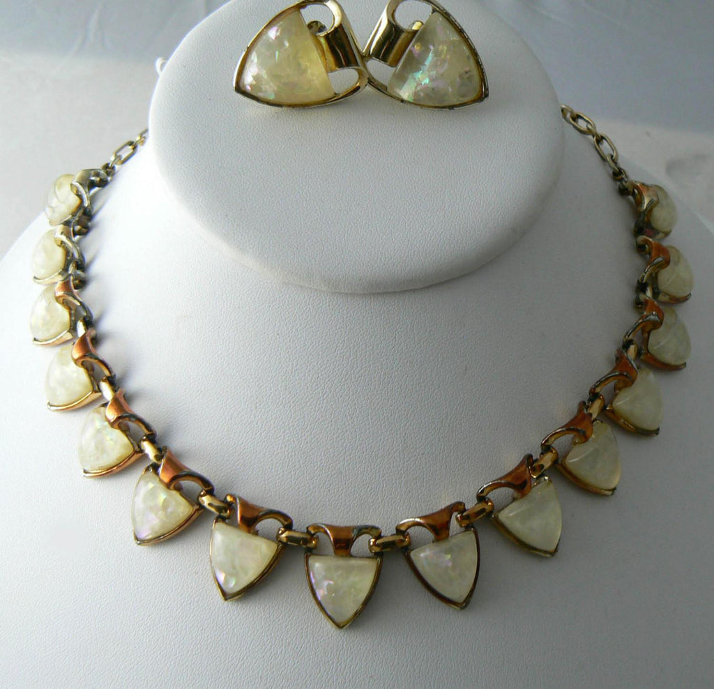 Vintage Signed  Coro Cream Confetti Necklace And Earrings Set - Vintage Lane Jewelry