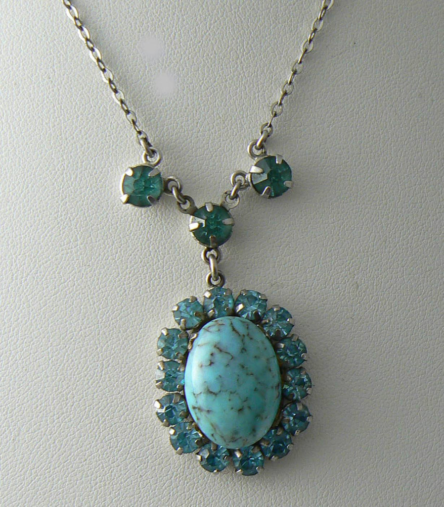 Vintage Turquoise And Rhinestone Necklace - Vintage Lane Jewelry