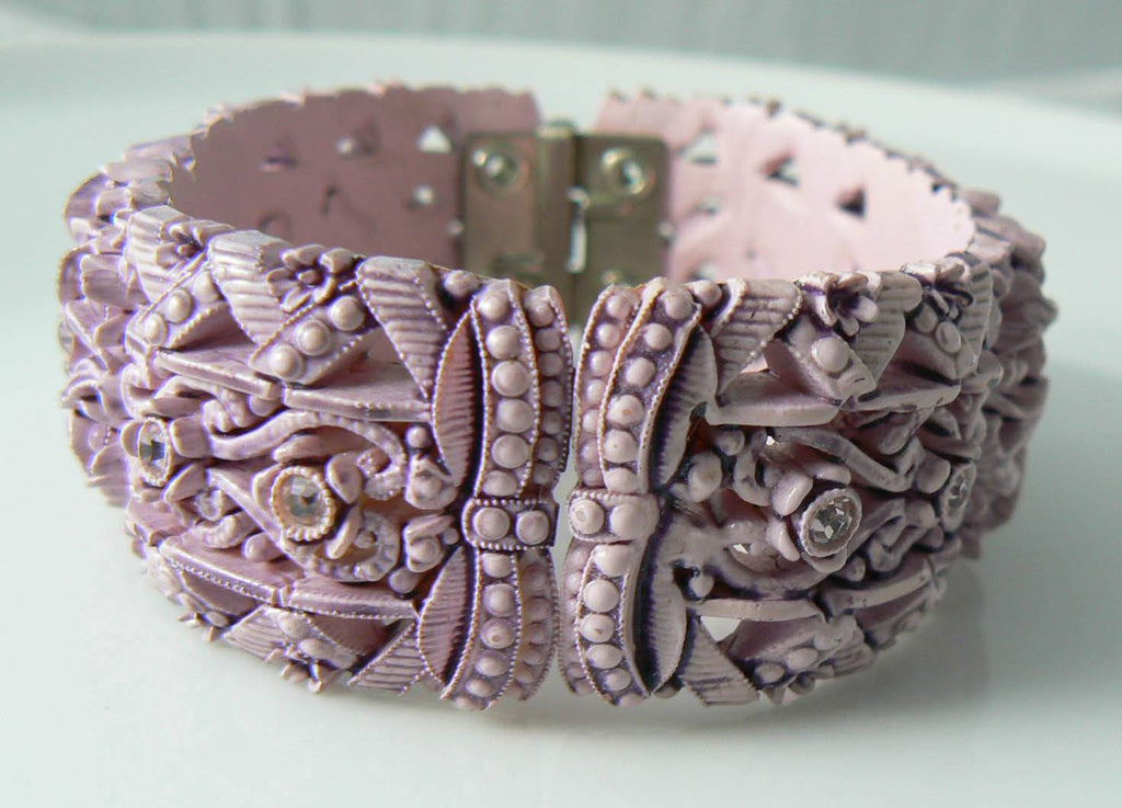Lavender Vintage Carved Celluloid And Rhinestone Bracelet - Vintage Lane Jewelry