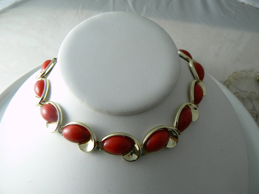 Striking Vintage Charel Red Cabachon Necklace and Bracelet Set - Vintage Lane Jewelry