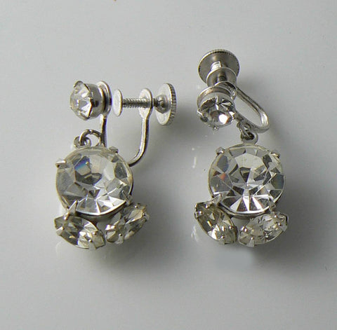 Coro Silver Tone Sparkling Clear Rhinestone Screw Back Earrings