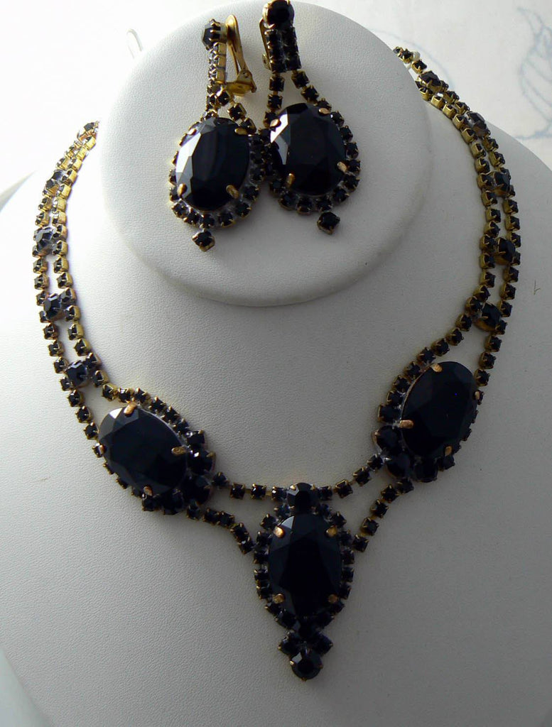 Fantastic Lillian Czech Black Velvet Rhinestone Necklace And Earrings - Vintage Lane Jewelry