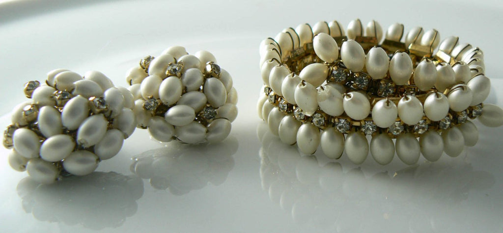 Alice Caviness Faux Pearl Rhinestone Bracelet Earrings Set - Vintage Lane Jewelry