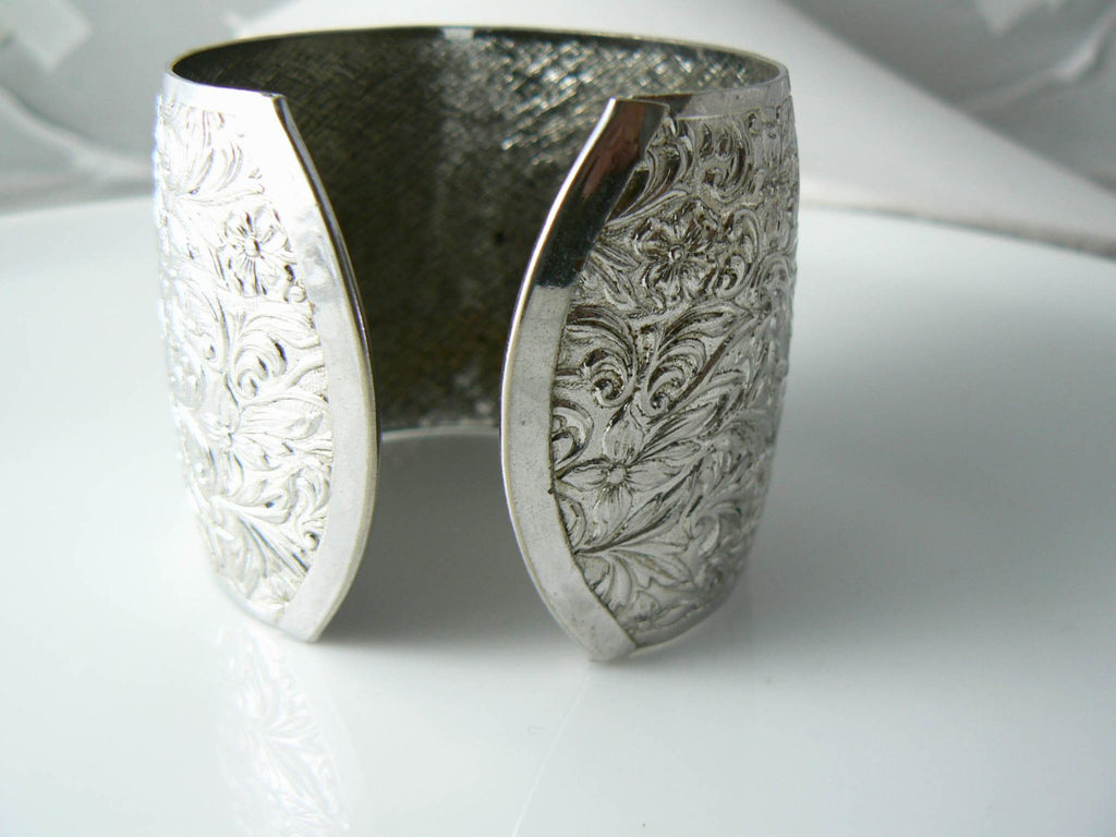 Sara Coventry Chunky Silver Tone Repousse Floral Cuff - Vintage Lane Jewelry