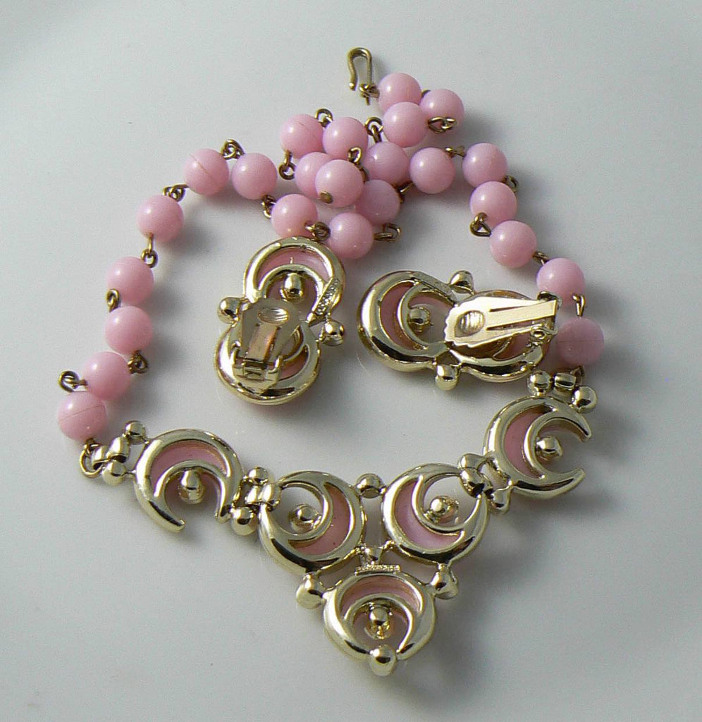 Vintage Signed Kramer Pink Crescent Moon Demi Parure - Vintage Lane Jewelry