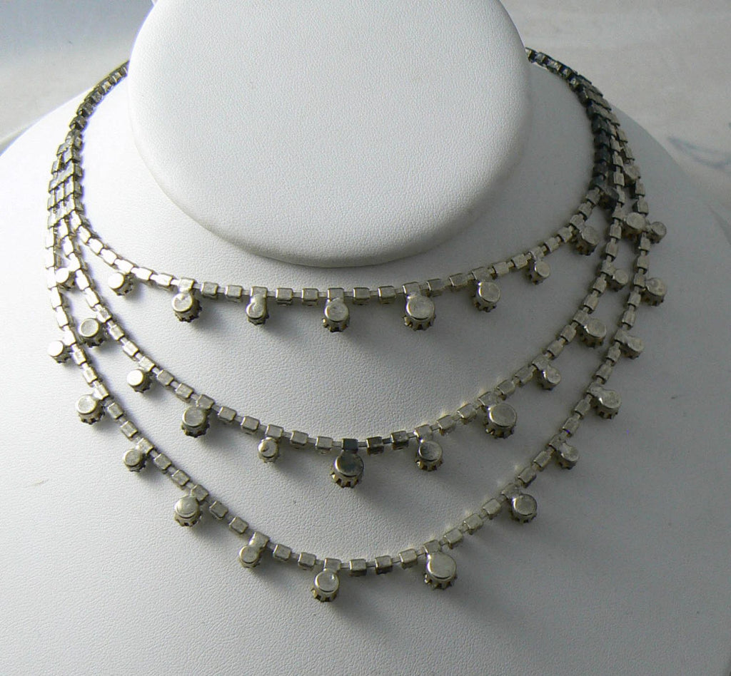 Vintage Triple Strand Prong Set Rhinestone Necklace - Vintage Lane Jewelry