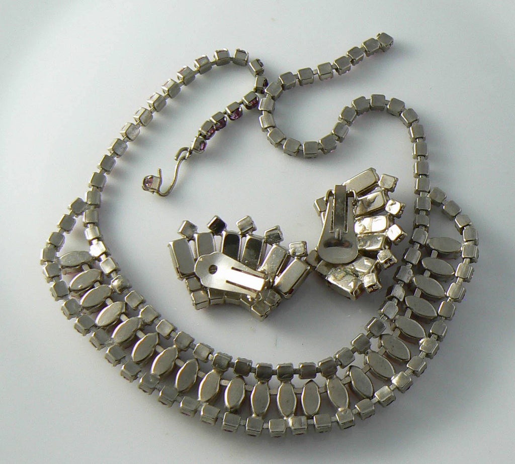 Vintage Juliana Style Pink Milk Glass Rhinestone Necklace Earring Set - Vintage Lane Jewelry