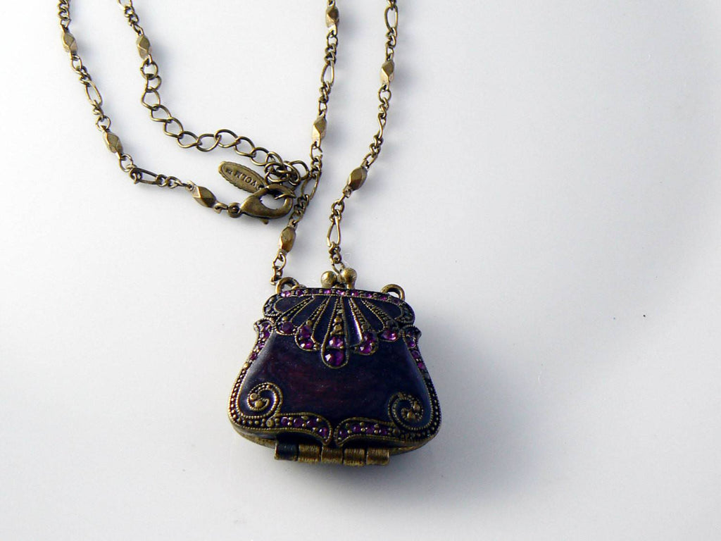 Signed Vclm Purse Pendant Rhinestones Oxblood Enamel Gold Tone - Vintage Lane Jewelry