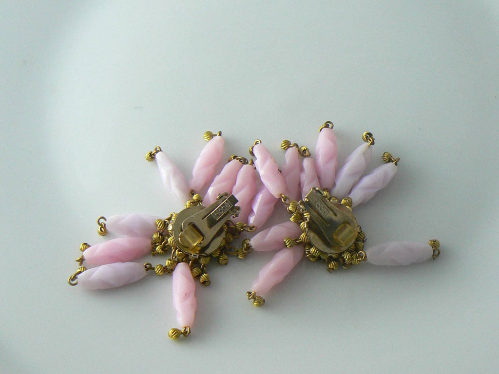 Vintage Signed Hobe Carved Pink and Gold Bead Dangle Lampshade Clip Earrings - Vintage Lane Jewelry