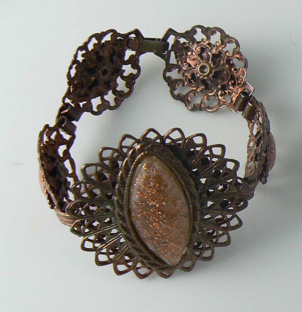 Vintage Copper Filigree Medallion Lucite Glitter Stone Demi - Vintage Lane Jewelry