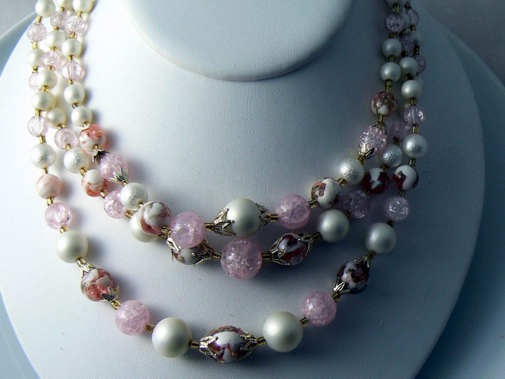 Vintage Gold Toned Pink Art Glass & Faux Pearl 3 Strand Bead Necklace - Vintage Lane Jewelry