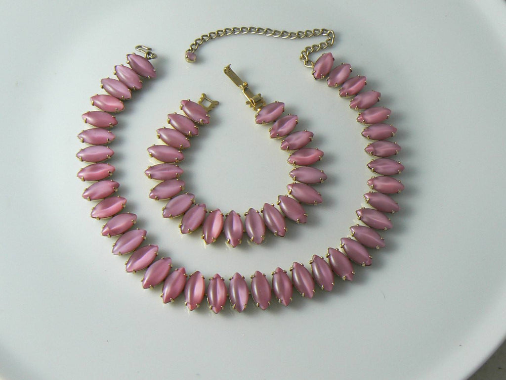 Vintage Pink Glass Prong Set Necklace And Bracelet - Vintage Lane Jewelry