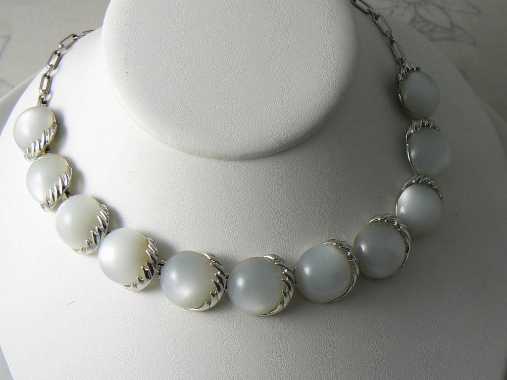 Signed Coro Faux Moonstone Cabochon Choker Necklace - Vintage Lane Jewelry