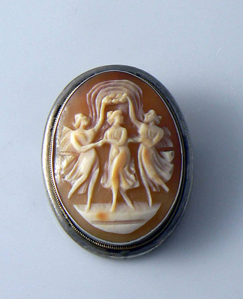 Three Graces Carved Shell Cameo Pendant Brooch - Vintage Lane Jewelry