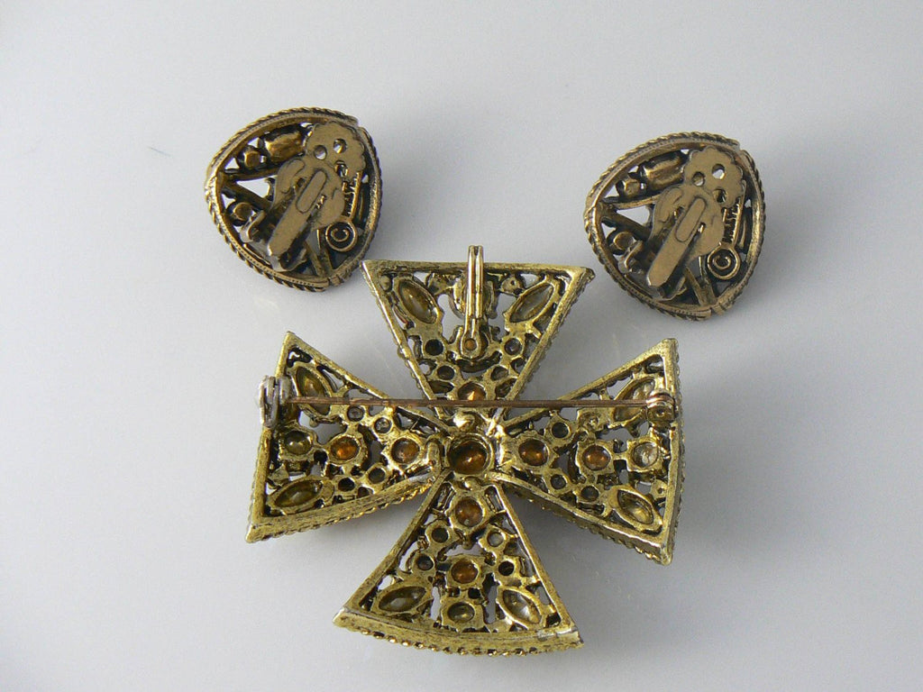 Vintage Hollycraft Earrings And Married Maltese Cross Brooch - Vintage Lane Jewelry