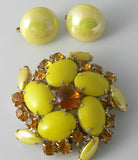 Vintage yellow milk glass and topaz rhinestone demi parure - Vintage Lane Jewelry