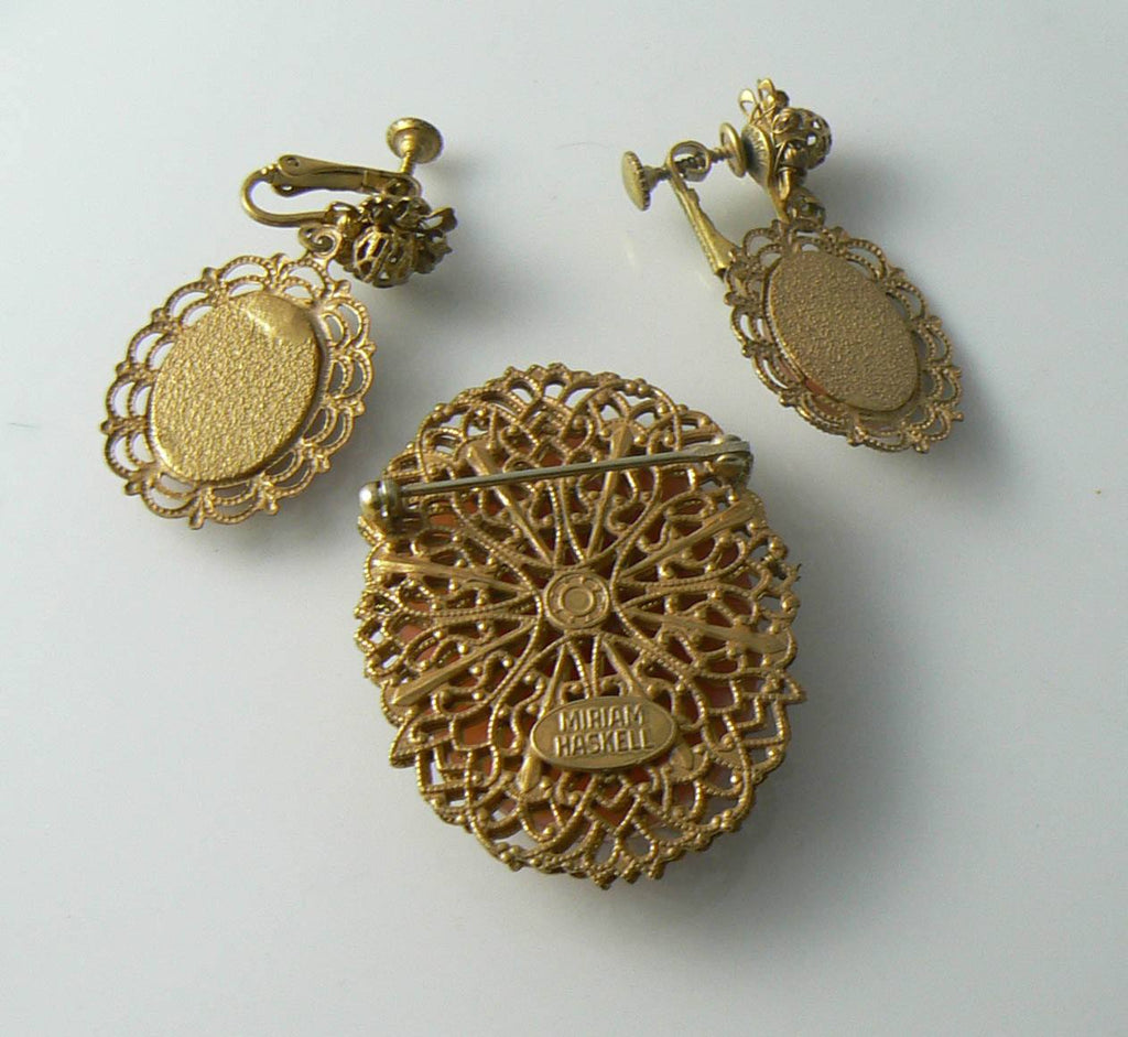Vintage Signed Miriam Haskell Goldtone Flower Basket Cameo Pin & Earrings Set - Vintage Lane Jewelry