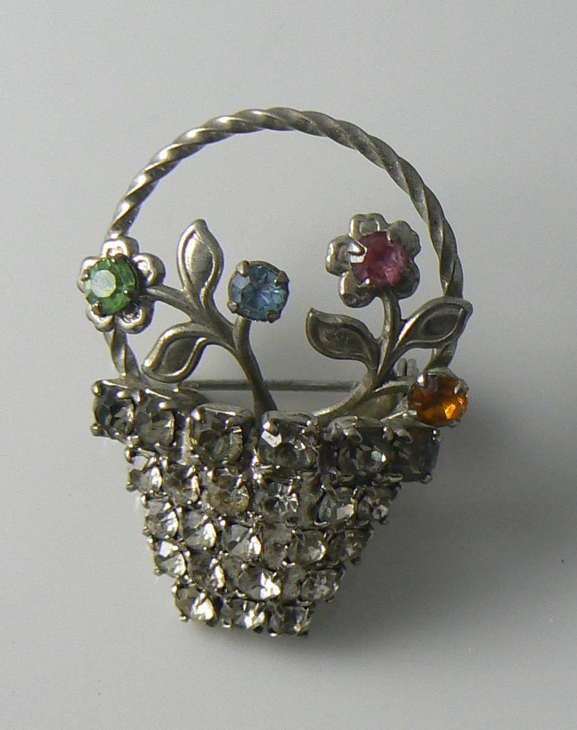 Rhinestone Pave Flower Basket Retro Brooch - Vintage Lane Jewelry