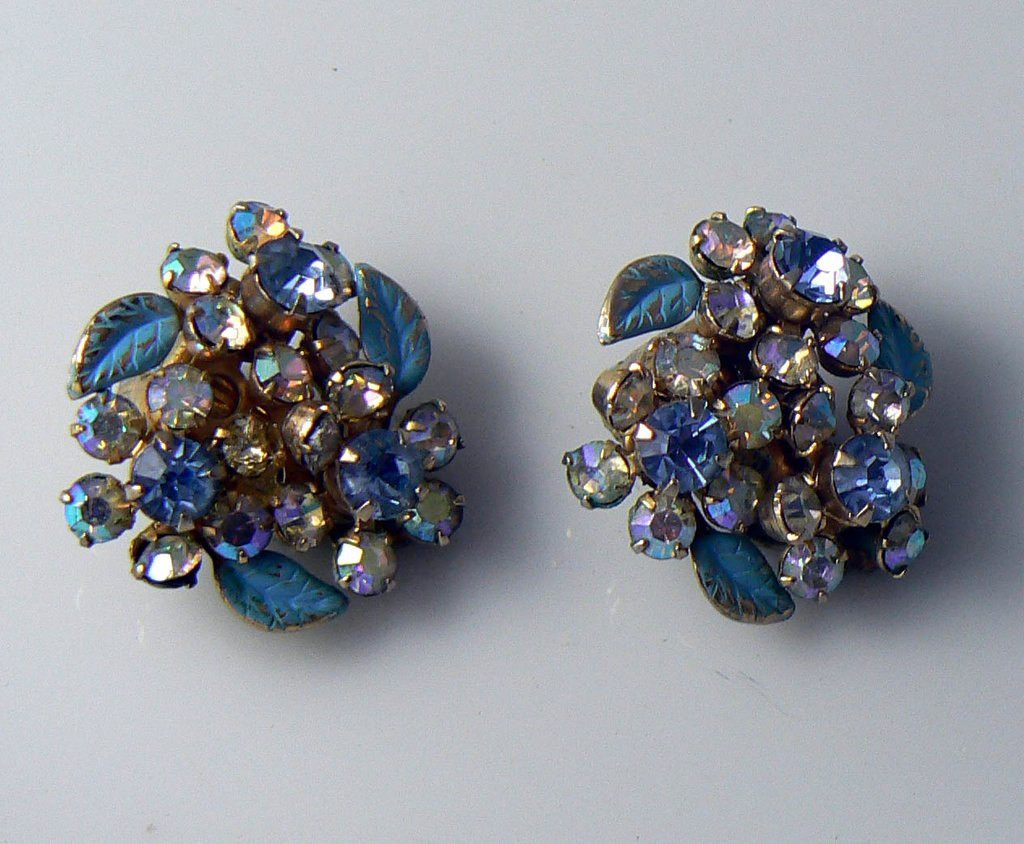 Vintage Weiss Blue Enamel And Ab Rhinestone Brooch And Earrings Set - Vintage Lane Jewelry