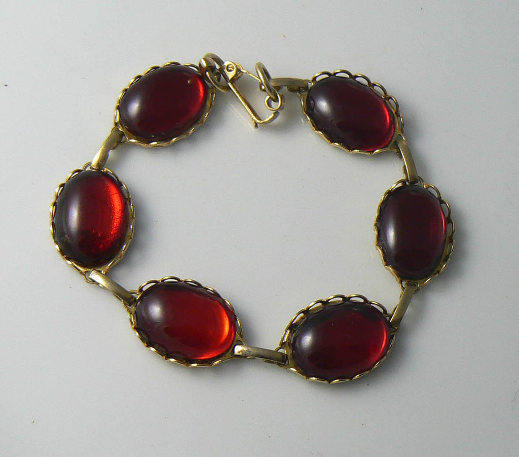 Red Jelly Belly Cabochons Glass Bracelet - Vintage Lane Jewelry