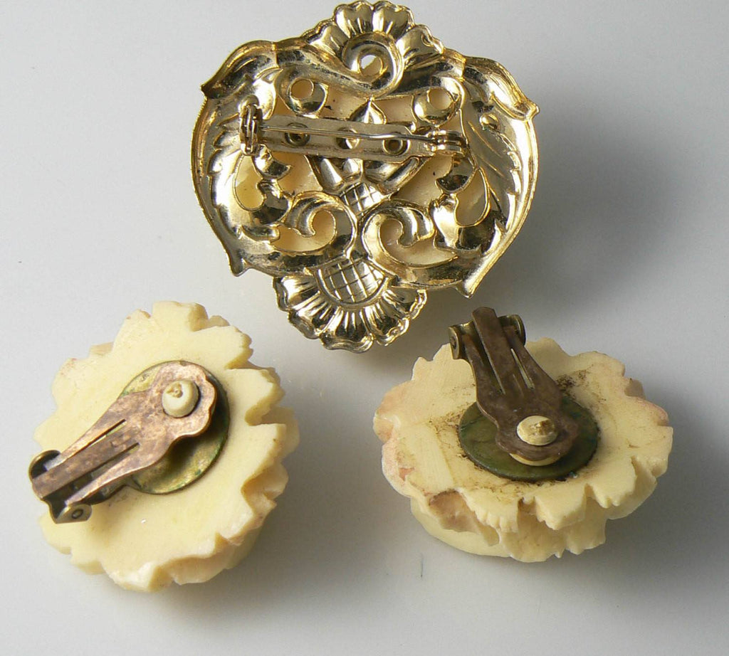 Vintage Pale Yellow Carved Celluloid Rose Brooch Earrings - Vintage Lane Jewelry