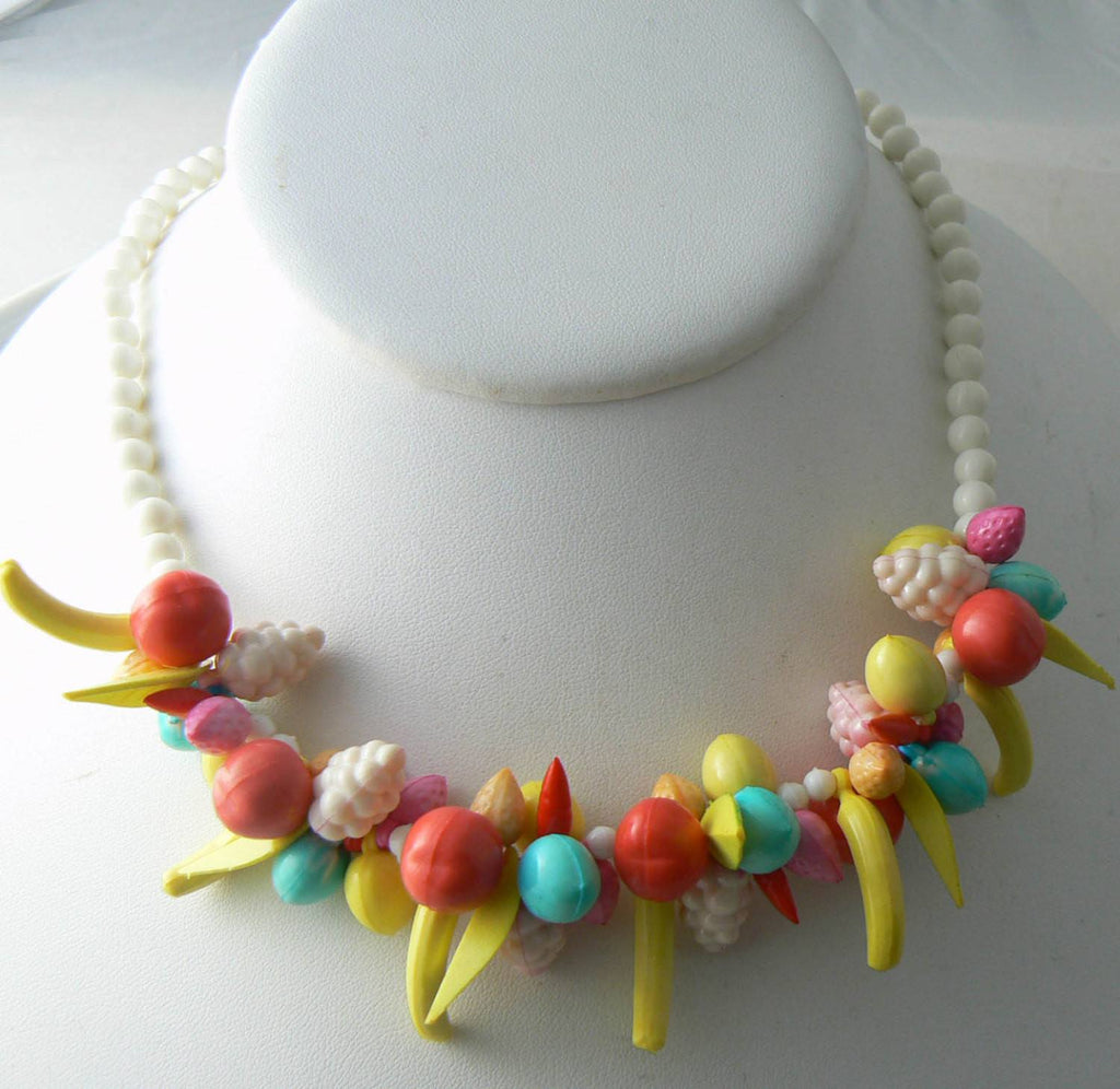 Vintage Plastic Bead Beaded Fruit Salad Charm Necklace - Vintage Lane Jewelry