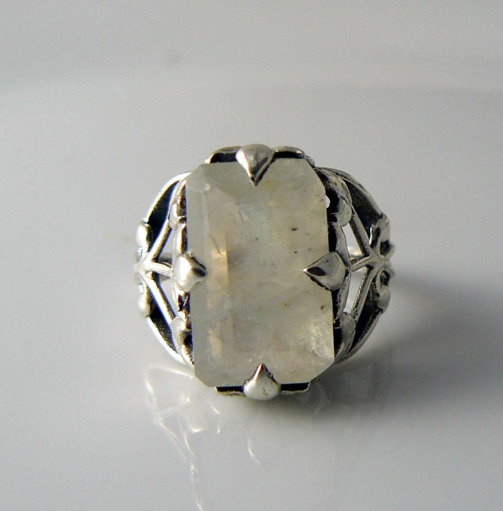 6ct Natural Emerald Cut Moonstone Solid Sterling Silver Filigree Ring - Vintage Lane Jewelry