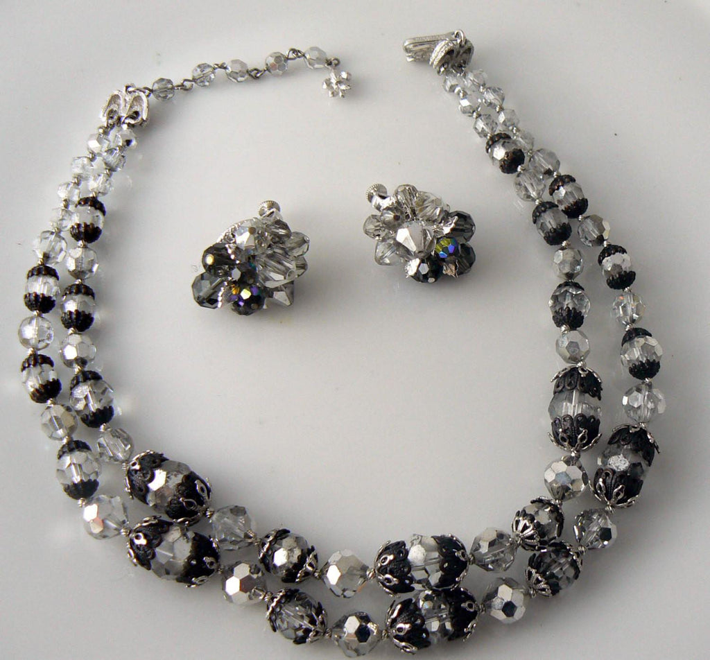 Vendome Black & Grey Aurora Borealis Glass Necklace Earring Set - Vintage Lane Jewelry
