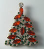 Czech glass Christmas tree brooch with red navettes, round cut clear and green stones - Vintage Lane Jewelry