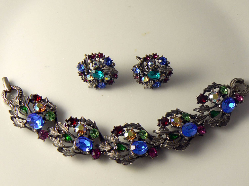 Lisner Fruit Salad Colorful Rhinestone Bracelet Earring Set - Vintage Lane Jewelry