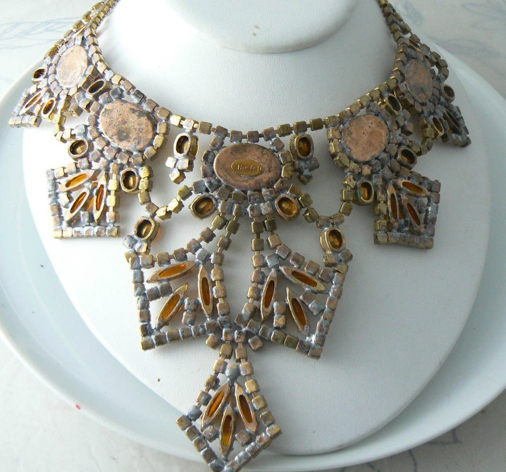 Topaz Colored Czech Glass And Clear Rhinestone Necklace - Vintage Lane Jewelry
